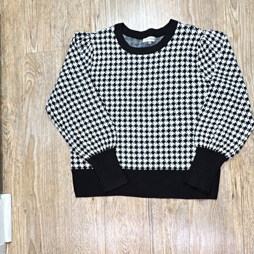Calvin Klein Women’s Black/White Houndstooth Knit Crewneck Pullover Sweater L